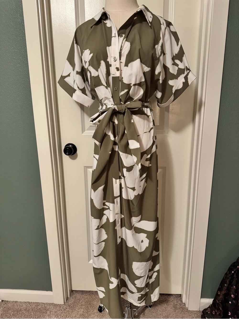 DKNY Olive and White Floral Maxi Shirt Dress